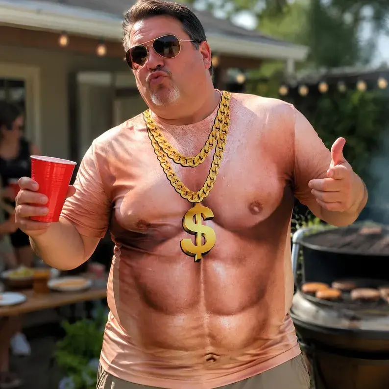 Funny Fake Bodybuilder T-Shirt, 3D Muscle Man Prank Tee, Gold Chain Dollar Gangster Shirt, Realistic Six Pack Illusion Gift Unisex Men Women