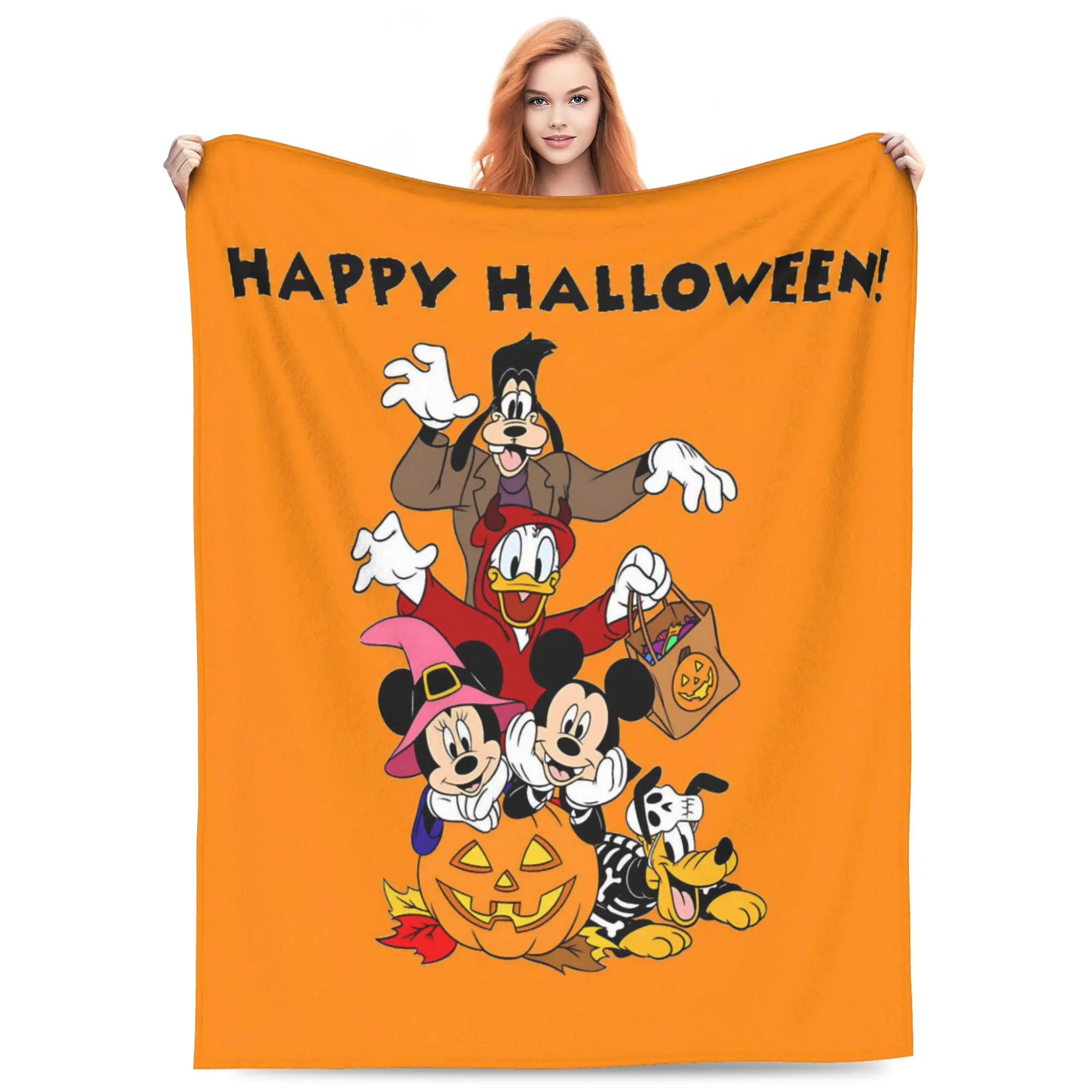 DISNEY CLASSIC Happy Halloween Mickey Crew Throw Blanket, Mickey Minnie Pluto Goofy Donald In Spooky Costumes Pumpkin Trick-or-Treat Bag Bright Orange Base Flannel Fleece Blanket, lovely cozy decor for autumn nights and Disney Halloween gatherings.
