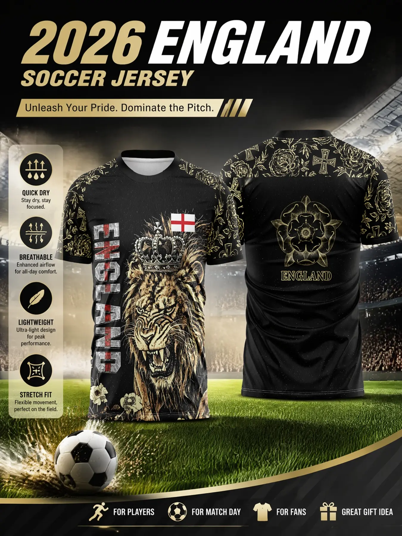 2026 England Advanced Quick-Dry Soccer Jersey, Lightweight Jersey, Ultra-Light Sportswear, Fade-Resistant Print, Ideal for Training & Casual Wear, Football Shirt