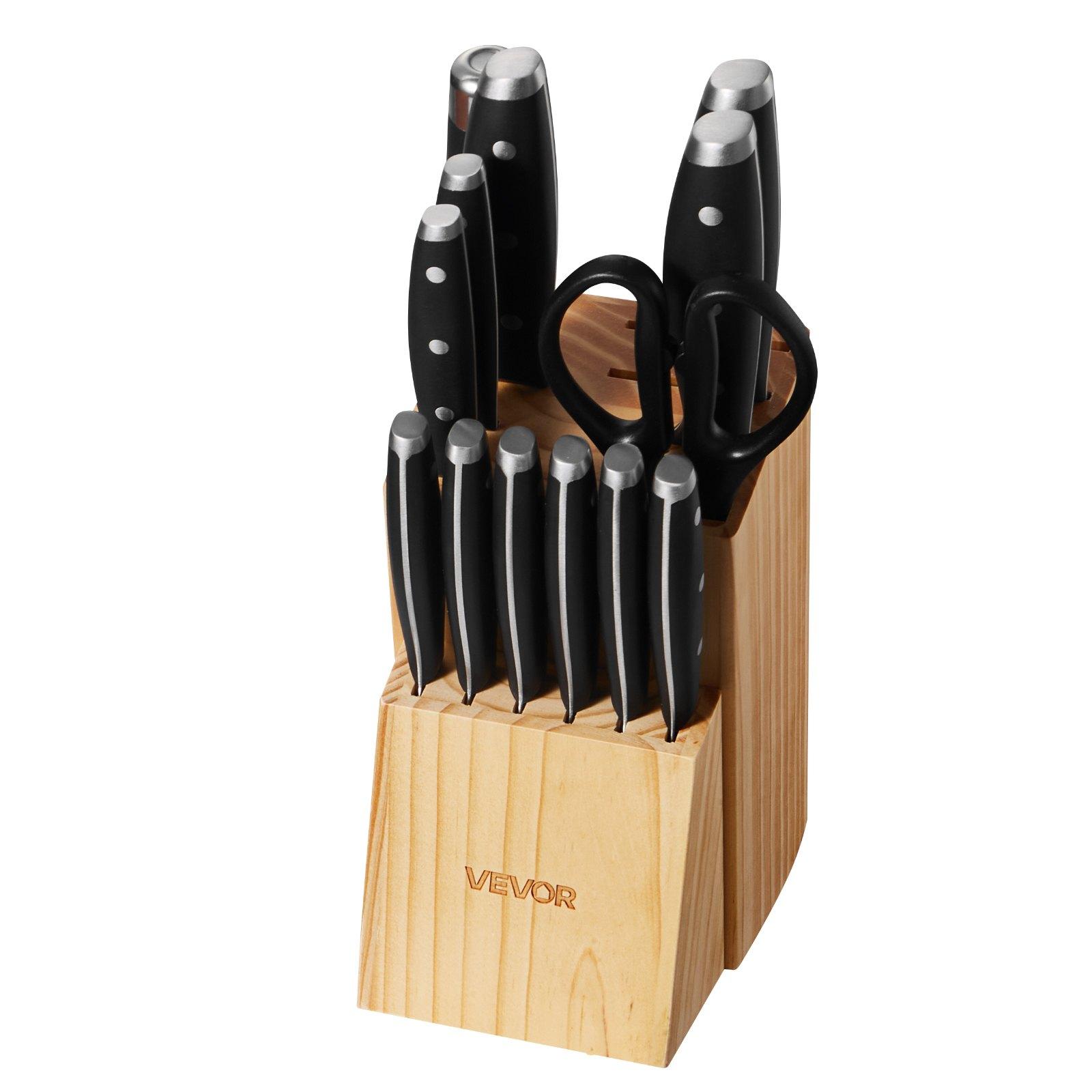 VEVOR 15-Pcs High Carbon Stainless Steel Knives Set with Premium Wooden Block, Sharpener, Steak Blade, Ergonomic Handle and Sharpening Rod for Home Cooks