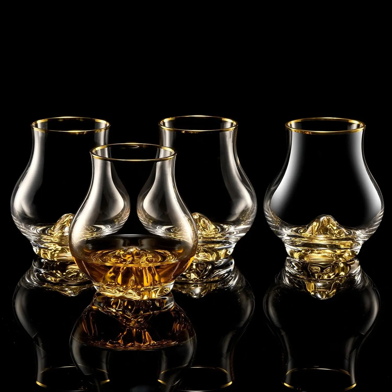 Curvaceous Whiskey Glasses Set of 4 (7oz/205ml), Crystal Whiskey Glasses with 24K Gold Mountain, Old Fashioned Glass for Brandy/Cognac/Bourbon/Tequila, Luxury Gift, BPA-Free & Lead-Free