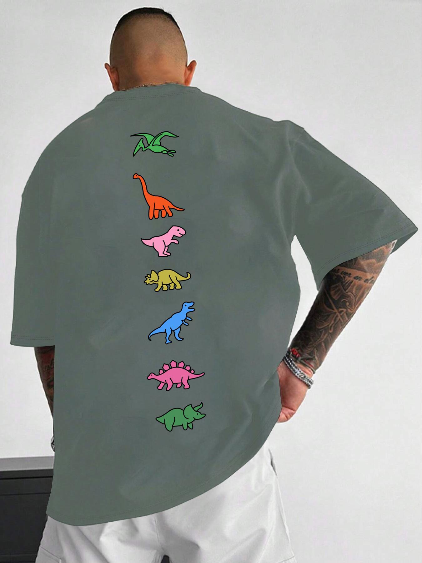 Unisex Men's Dinosaur Print Drop Shoulder Tee, Street Fashion Casual Short Sleeve Round Neck T-Shirt for Daily Wear, Men's Clothes for Summer