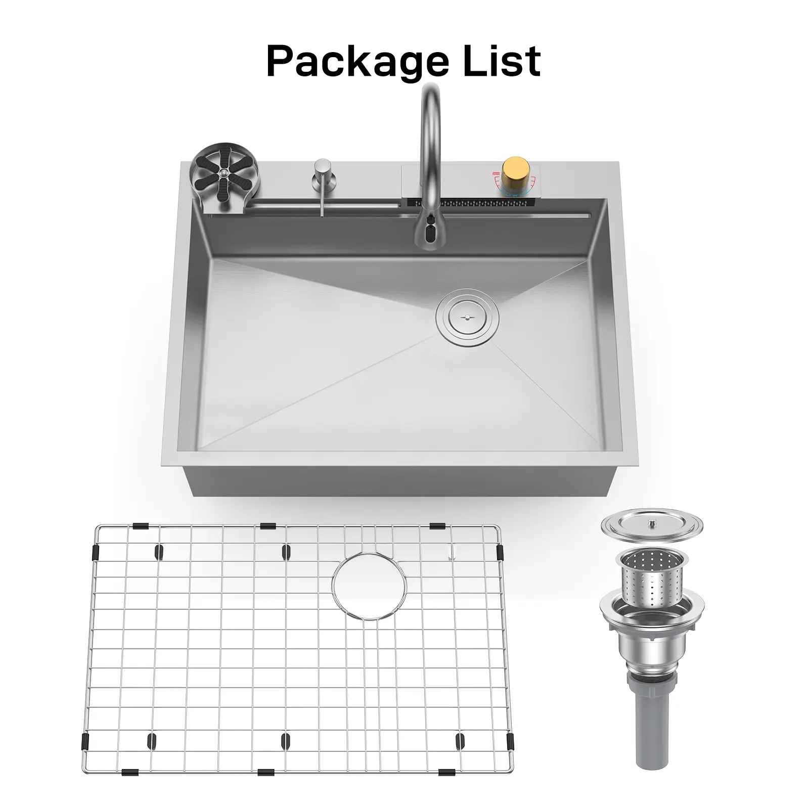 Waterfall Kitchen Basin Set - 304 Stainless Steel Single Bowl with Pull-Out Faucet, Bottom Grid, Drain Assembly, Chopping Board & Accessories