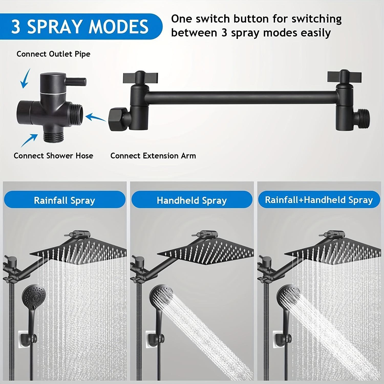 Rain Shower Head with Handheld Sprayer, 1 Set Shower Head Ensemble High Pressure Shower Head with Adjustable Extension Arm & 5 Settings Handheld Showerhead, Modern Bathroom Supplies, Rainfall Shower Head