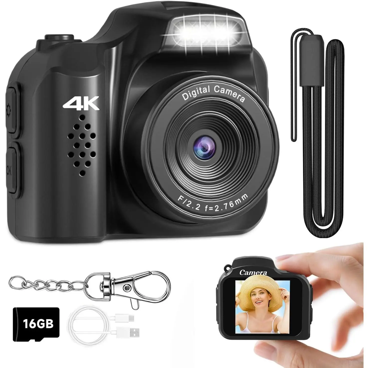 4K  Camera, 64MP  Pocket Retro Digital Camera | LED Light, Retro Mini Sized Camera for , Teens, Adults, and Photography Beginners with 16 GB SD Card, Black