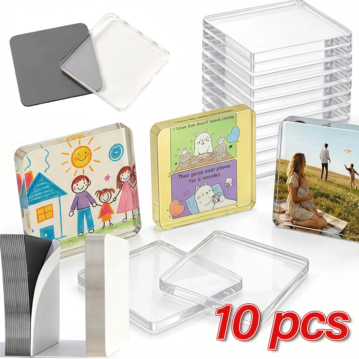 10 Pack Square Blank Refrigerator Magnets Kit – Peel & Stick Acrylic Picture Frames for Fridge, Includes Pre-Cut Cardstock & Storage Case, DIY Custom Photo Decor for Kitchen Classroom Office