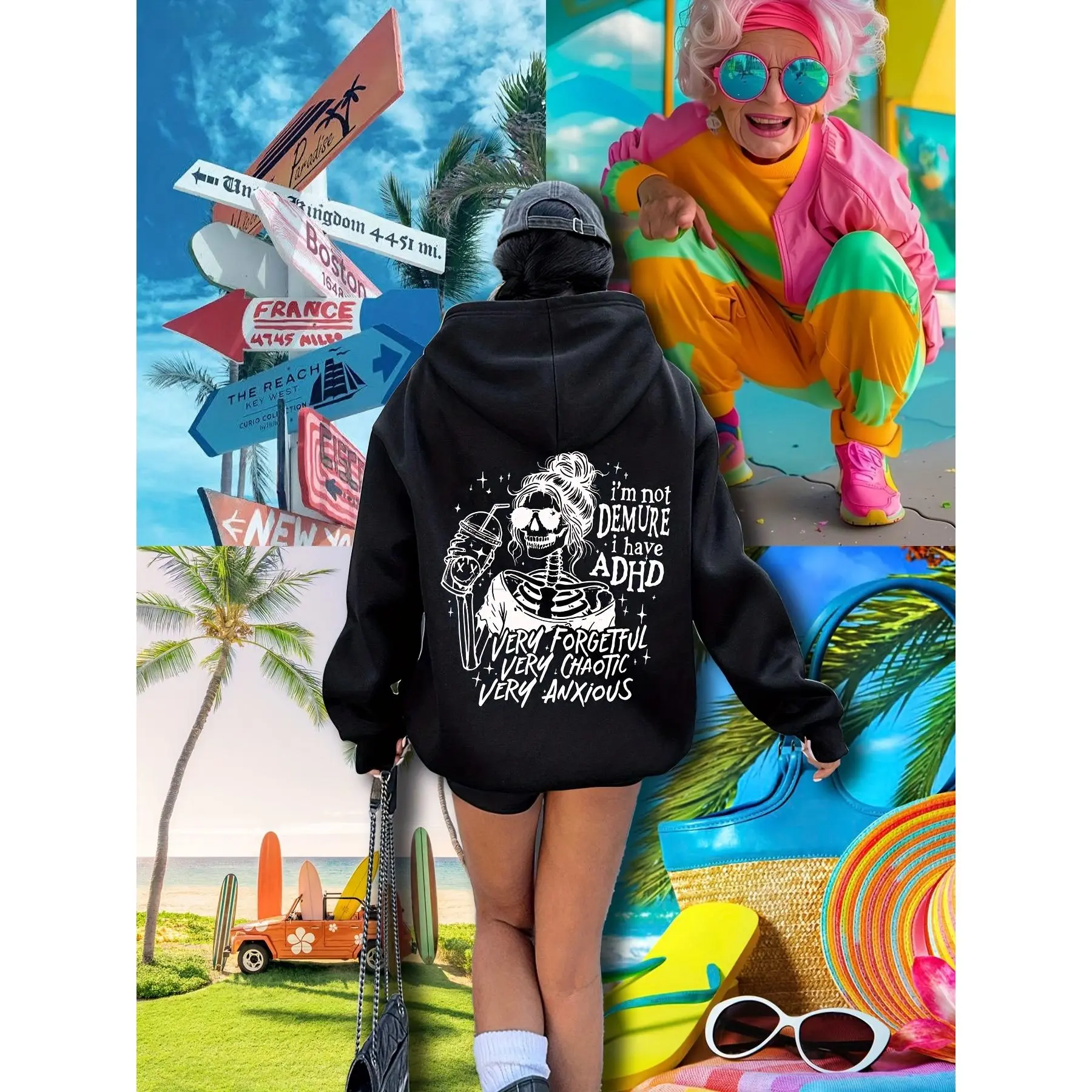 Funny Skeleton Girl ADHD Graphic Hoodie I'm Not Demure Chaotic Anxious Meme‑style Print Pullover Hooded Sweatshirt Casual Loose‑fit Aesthetic Streetwear Tops, Black & White Two‑color Daily Fashion Hoodies For Women