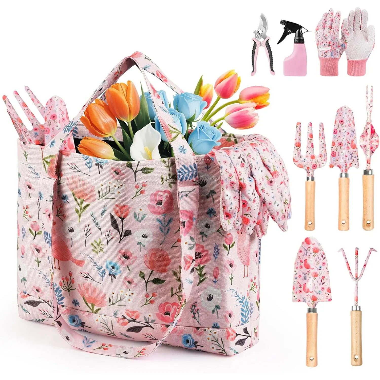 Women's 10-Piece Rust-Proof Heavy-Duty Gardening Tool Gift Set with Floral Organizer Bag, Fashionable Thoughtful Pink Gift for Garden Enthusiasts, No, No Warning Applicable
