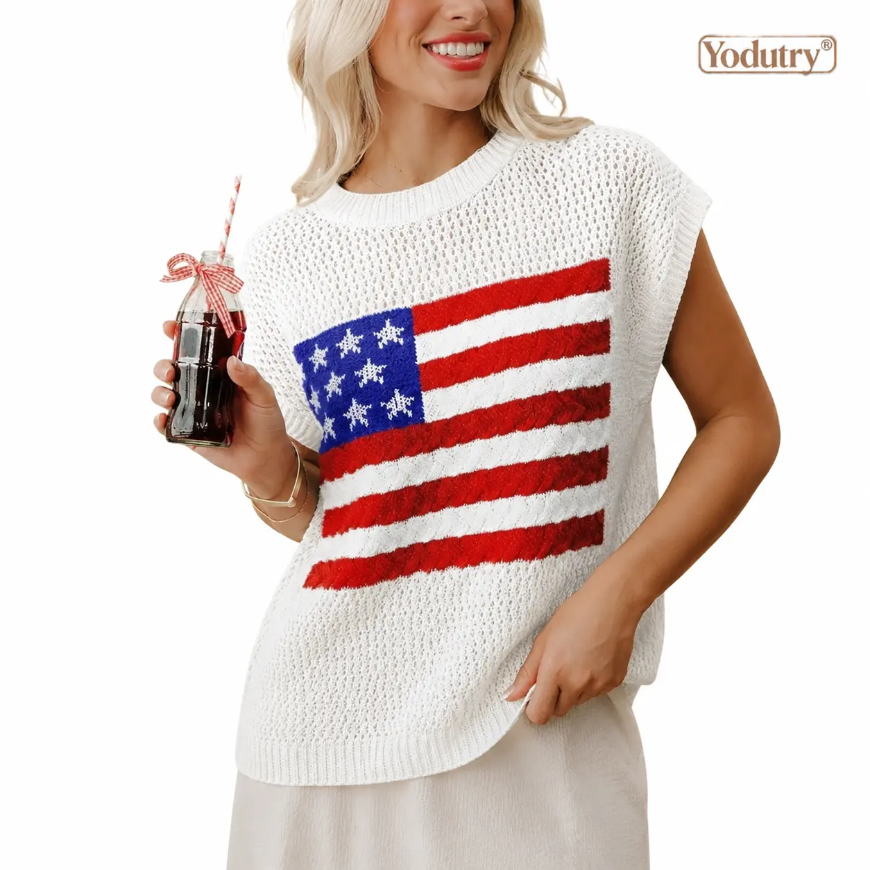 Women's American Flag Crochet Knit Top - Oversized Sweater Vest, Breathable 3D Cable Knit Short Sleeve Cap Sleeve Blouse