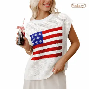 Women's American Flag Crochet Knit Top - Patriotic 4th of July Oversized Sweater Vest, Breathable 3D Cable Knit Short Sleeve Cap Sleeve Blouse