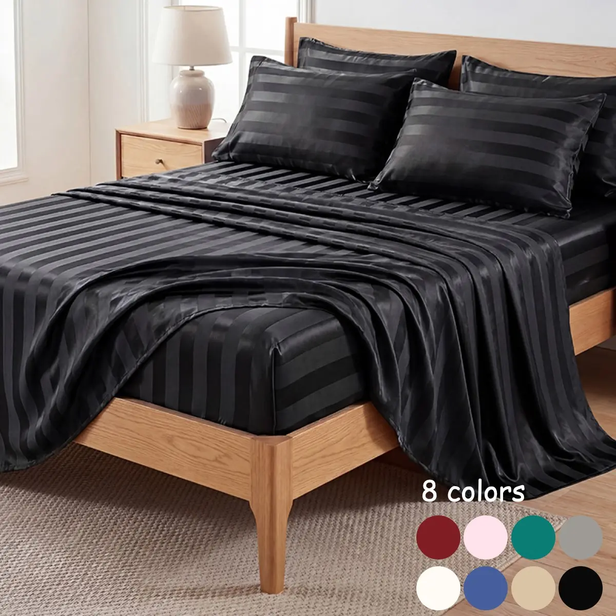 3/4pcs Satin Stripe Fitted Sheet Set, Flat Fitted Sheets, Dustproof Stain-Resistant Mattress Cover, Soft Breathable Cooling Bedding Set with 1 Fitted Sheet, 1 Flat Sheet and 2 Pillowcases for Bedroom, Hotel, Multiple Sizes Available Striped Fitted Sheet