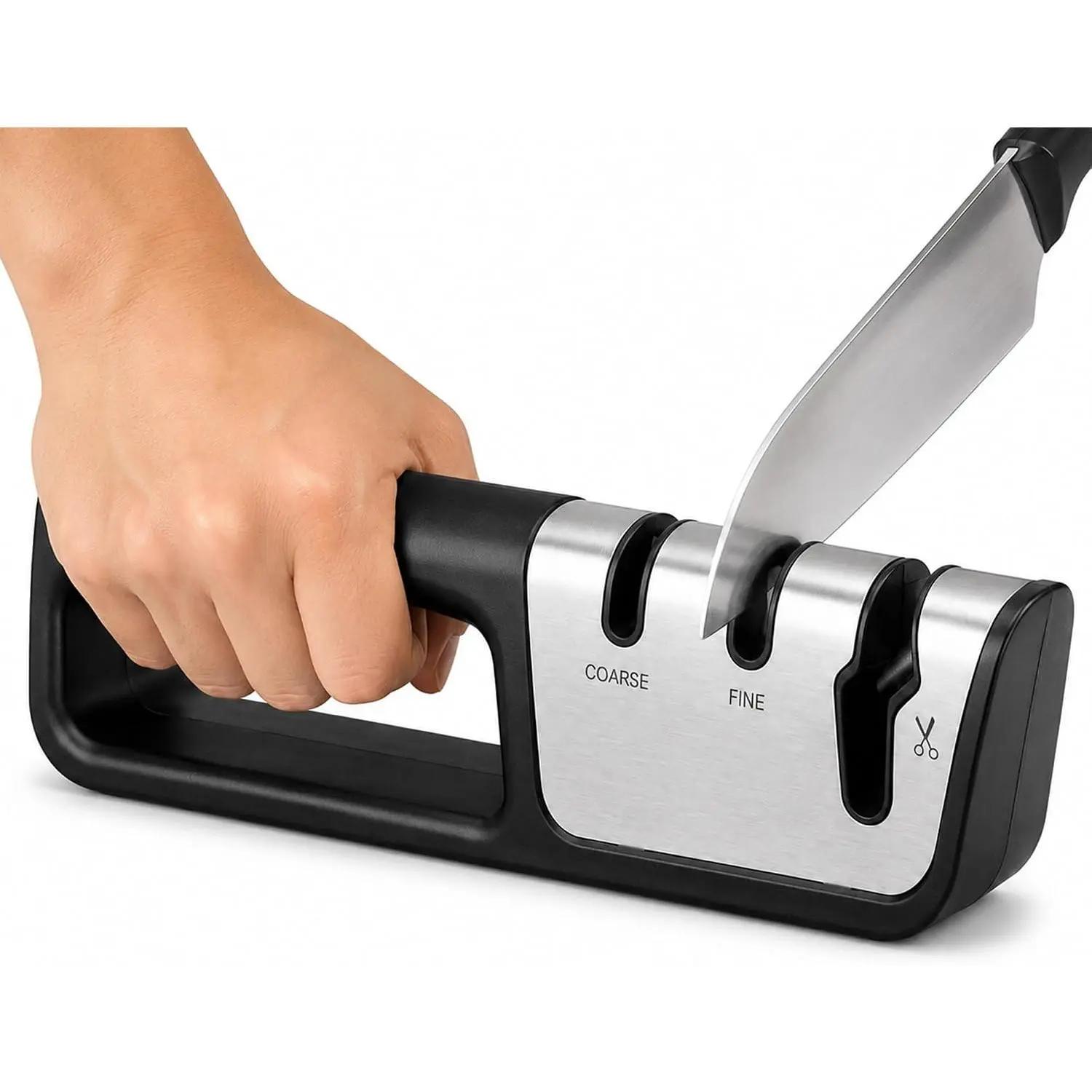 3-in-1 Manual  and  Sharpener Kitchen Tool | Tungsten,  & ceramic abrasives. Stainless steel faceplate with non-slip base. Restore dull  instantly