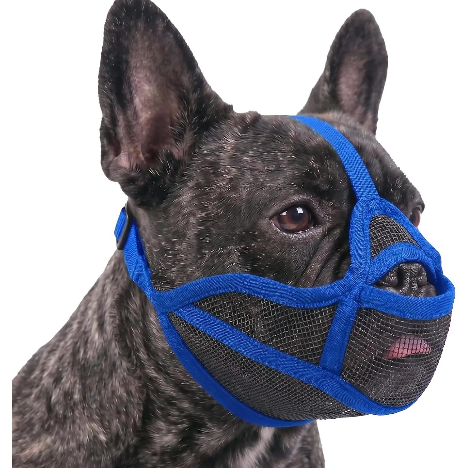 French Bulldog Muzzle for Small/Medium Dogs, Soft Breathable Muzzle with Eye Hole & Tongue-Out Pocket, Drink Allowed, Adjustable Short Snout Cover to Stop Biting & Chewing, Feed Permitted