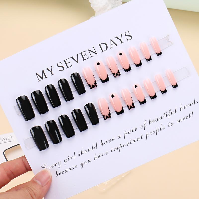 Heart Pattern Short Square Fake Nail Kit, 24pcs French Style Press on Nails for Women & Girls DIY Nail Art Design, Elegant Stick on Nails French Tips Nails Kit, Nail Art Products