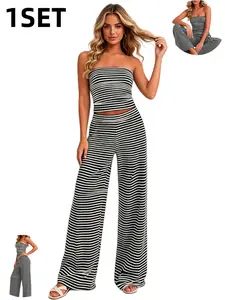 Comfortable Casual Striped Suit, Slim-Fitting Stripe Top and Elastic Waist Long Pants, Vacation Home Wear Set