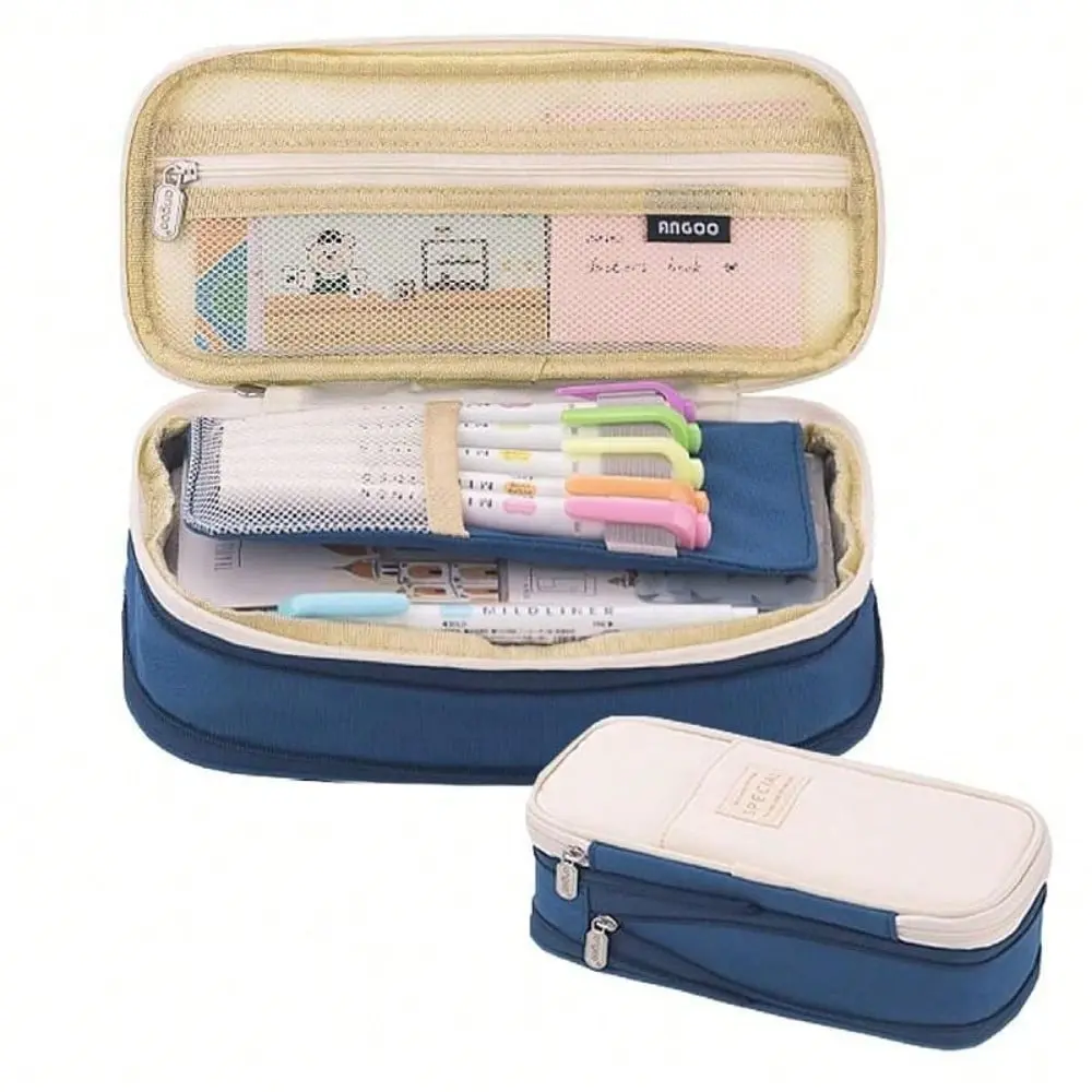 Oxford Cloth 3-Compartment Pencil Case - 21x5x9 cm Large Capacity Storage Pouch for School Teens, Home Organizer Pen Bag for First Day of School