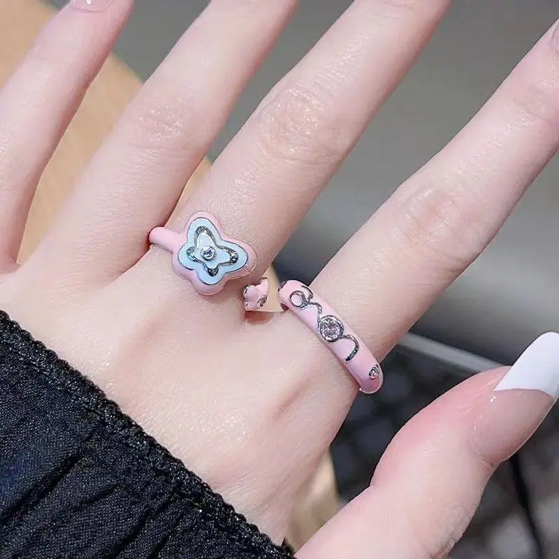 Fashionable Fun Niche Sweet and Diverse Pink Barbie Style Open Ring Fashionable Personality Dopamine Design Accessories Gift