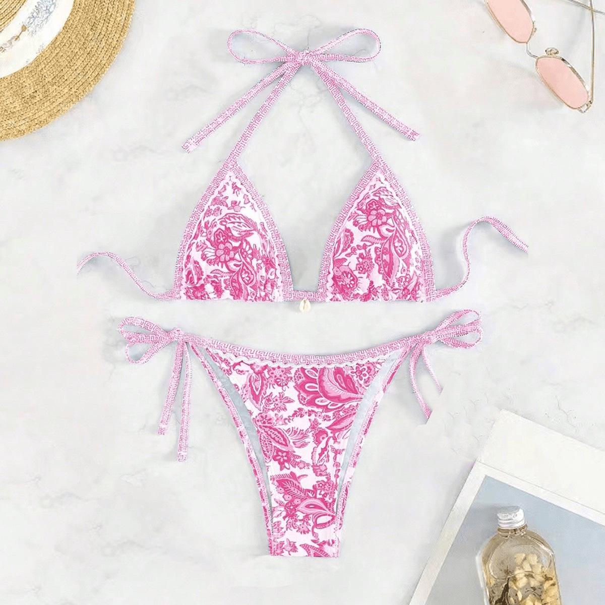 New Bikini Two-Piece Swimsuit Printed Sexy Strap Swimsuit Bikini Set with Adjustable Straps and Floral Pattern