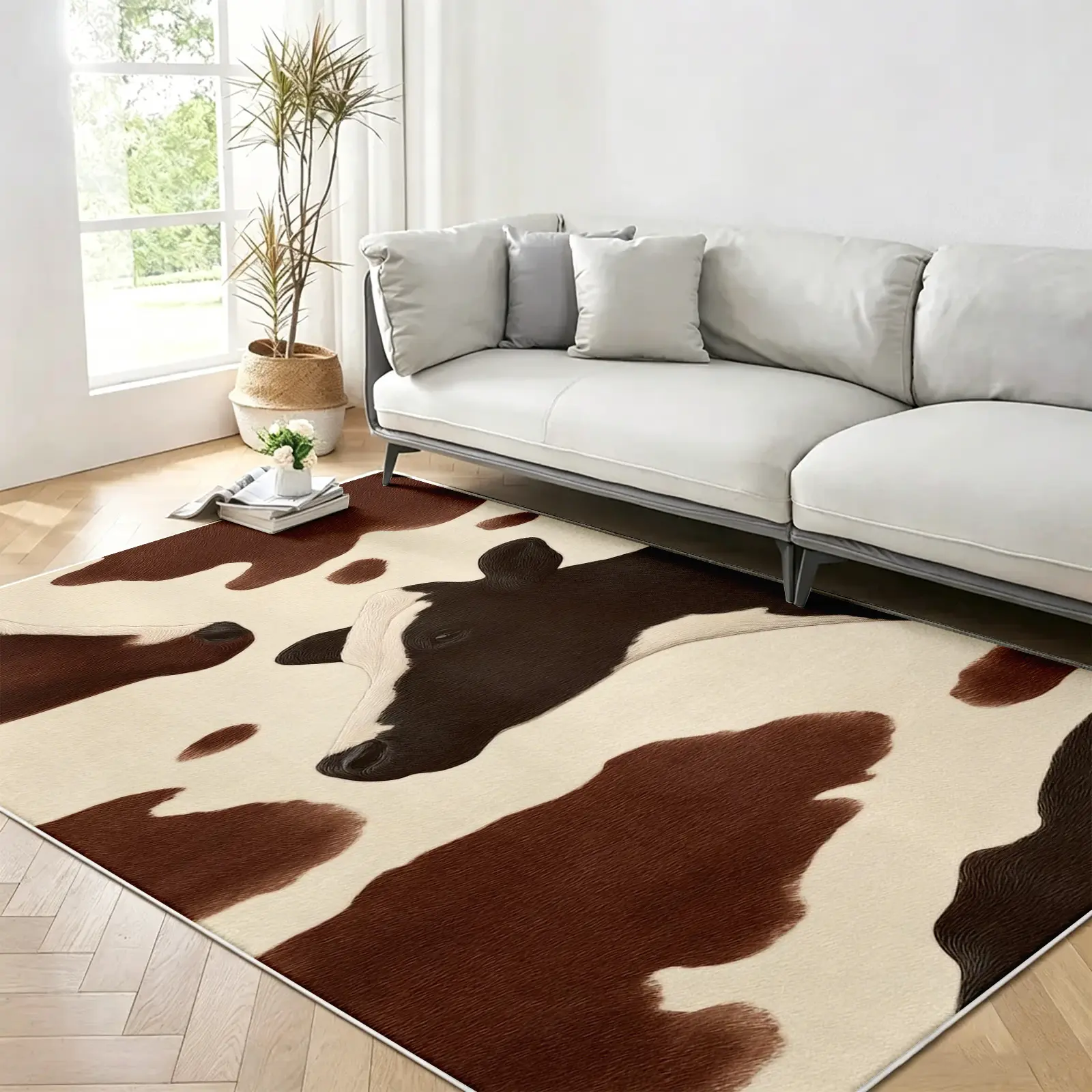 1pc Modern Abstract Cow Print Area Rug - Cream & Brown Organic Spot Carpet, Soft, Non-Slip, Machine-Washable, Stain-Resistant, Low-Pile Indoor Floor Covering for House Decor, Living Room & Aesthetic Room Use (Multi-Size Options)