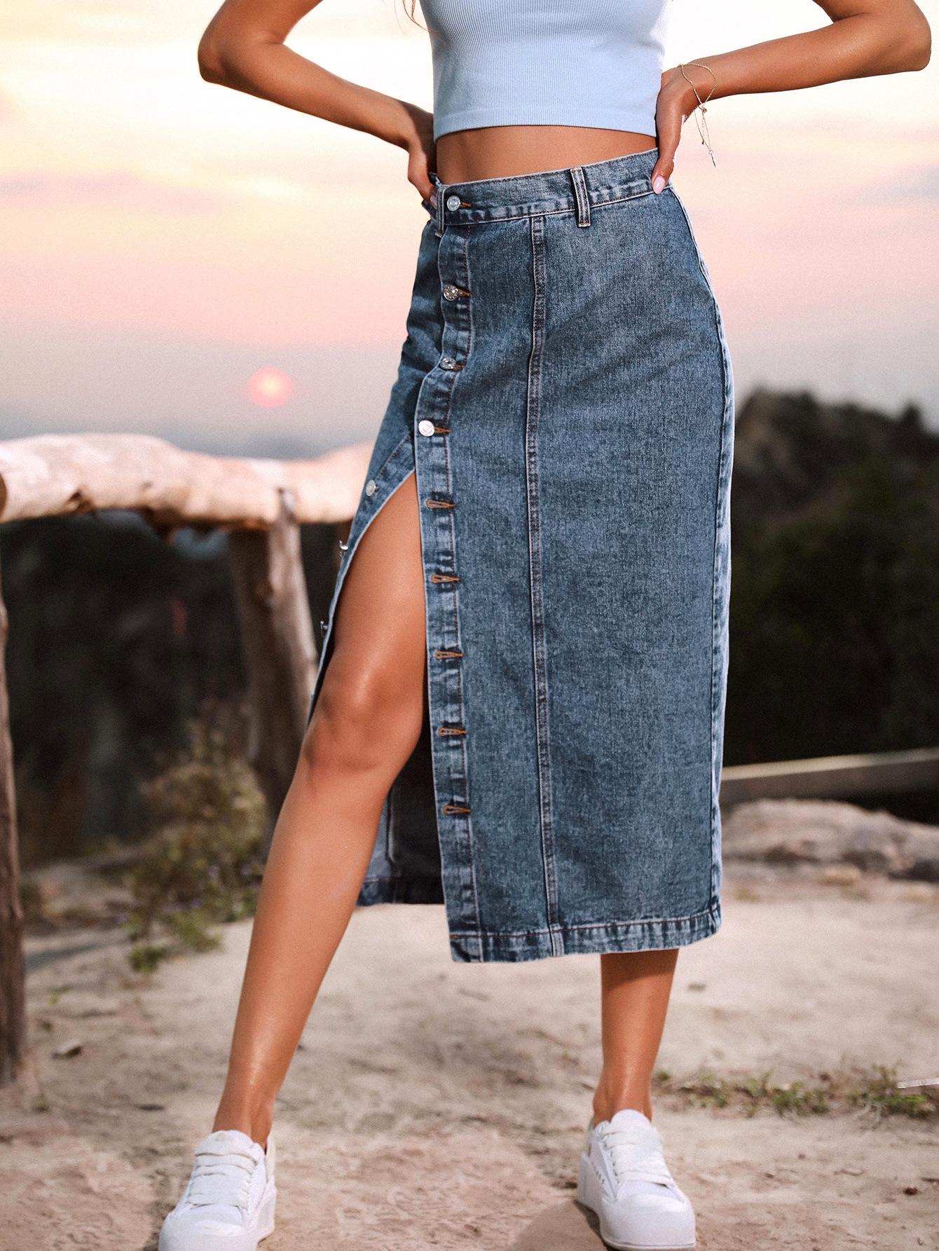 Women's clothing European and American INS irregular split denim high waist skirt