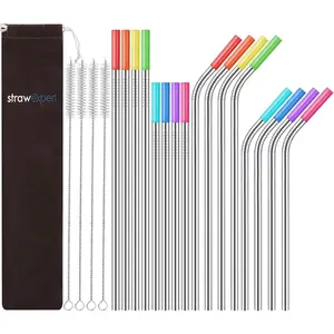 Set of 16 Reusable Stainless Steel Straws with Travel Case Cleaning Brush Silicone Tips Eco Friendly Extra Long Metal Straws Drinking for 20 24 30 oz Tumbler, Silver