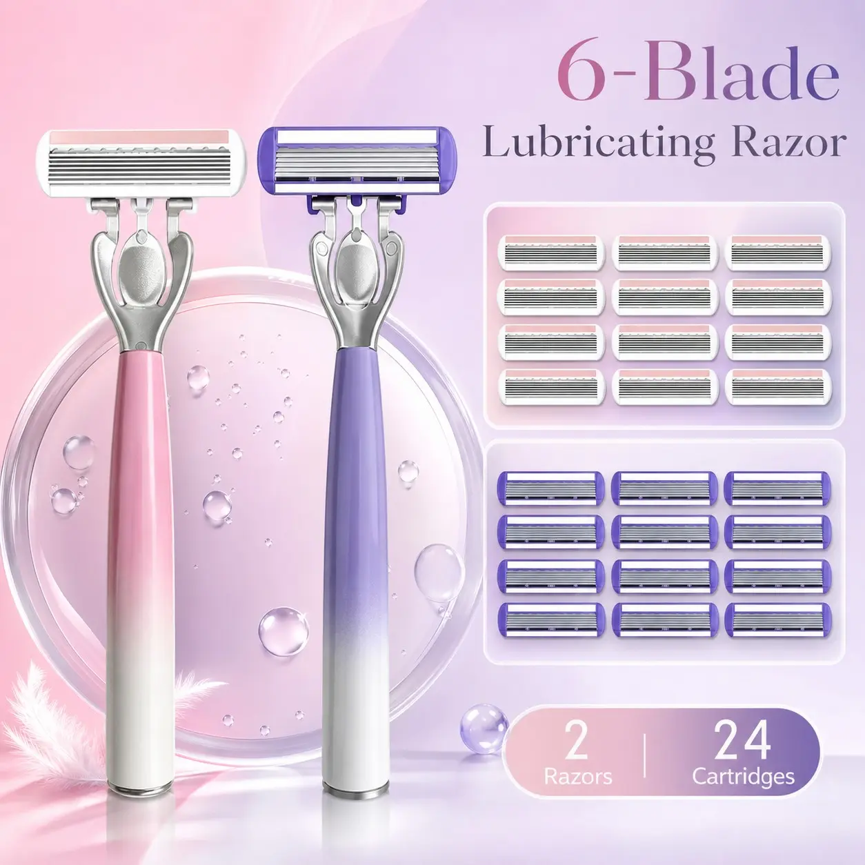 Six-Blade Women's Hair Removal Razor Set, Interchangeable Blades, 2 Gradient Handles with 24 Replacement Heads, Lubricating Strip, Smooth Skin Care, Home Use