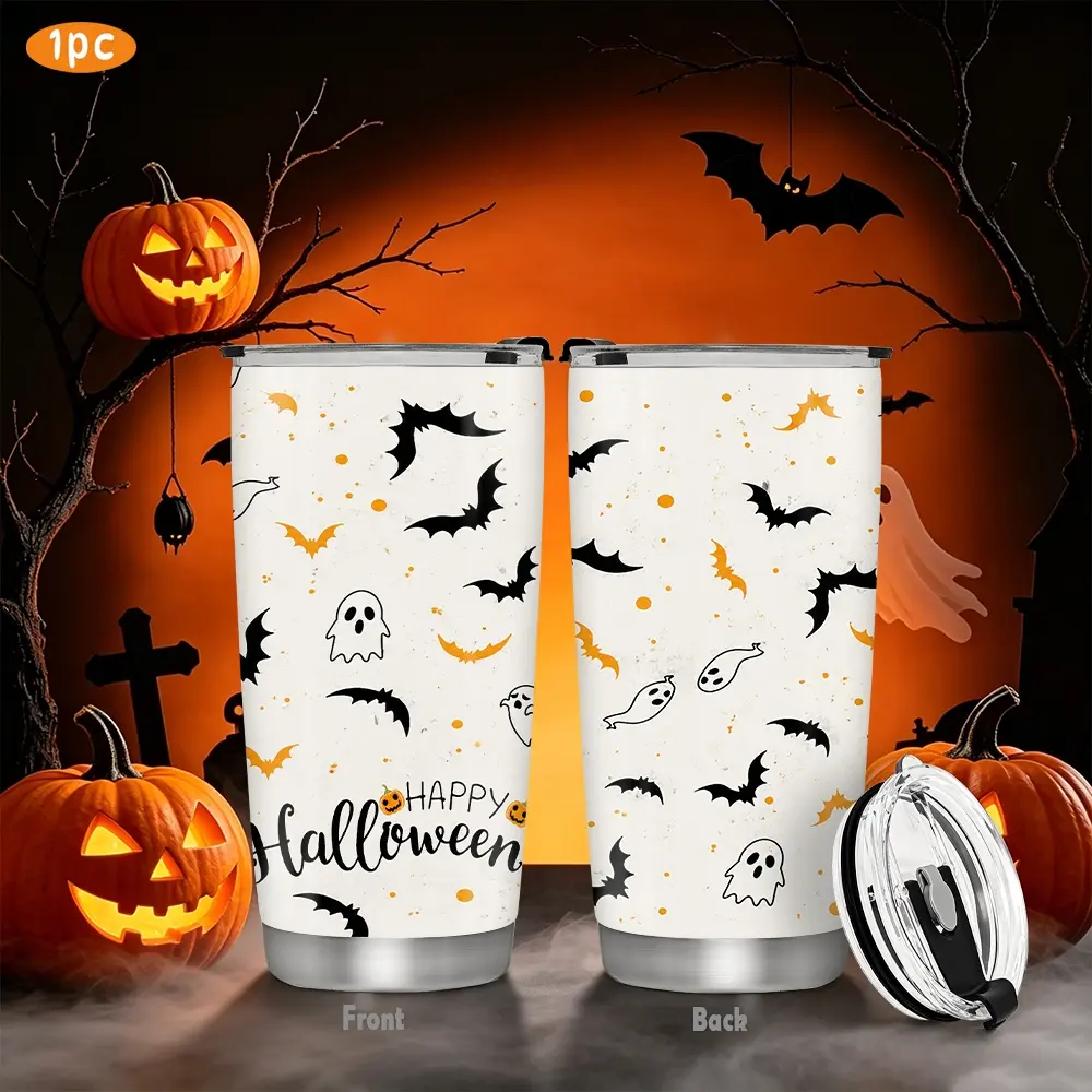 1pc/20oz/590ml/Stainless Steel Insulated Tumblers With Lid,Coffee Travel Mug Cup,Travel Mugs Insulated For Hot And Cold,Halloween Themed Ghost Bat Pumpkin Print,Festive Party Gift,Suitable For Picnics,Outdoor Activities