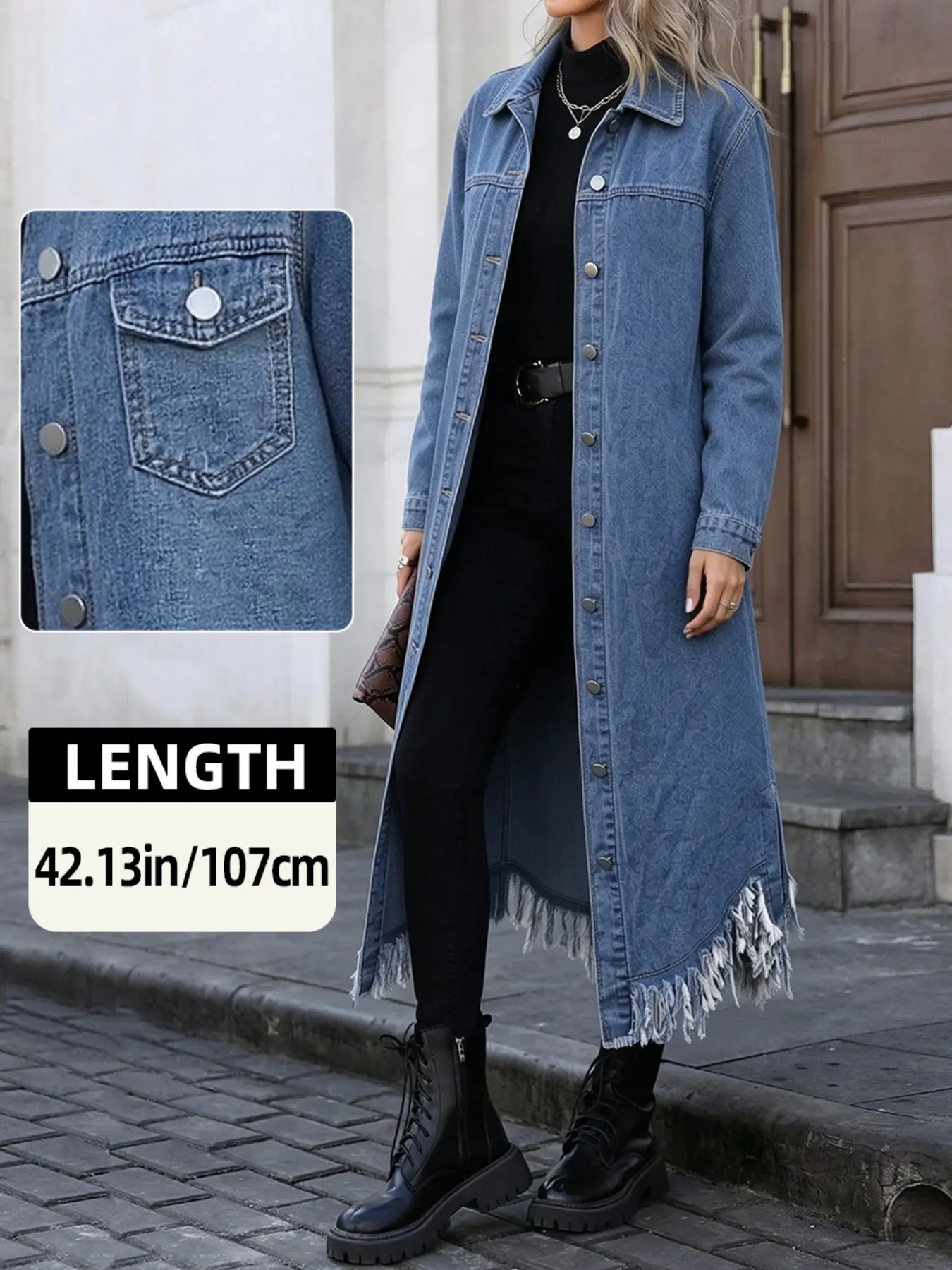 Women's Long Denim Jacket Coat, Asymmetrical Fringe Hem, Button Front, Stylish Outerwear for Casual Wear, Perfect for Fall & Winter