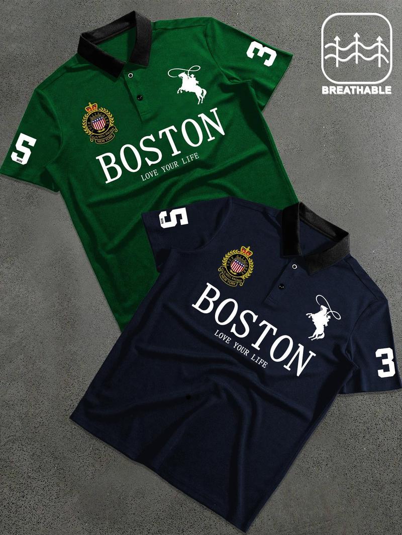 Men's Letter & Number Print Polo Shirt, Fitted Casual Collared, Regular Fit Casual Short Sleeve Top for Daily Outdoor Wear, Fashion Men's Clothes for All Seasons