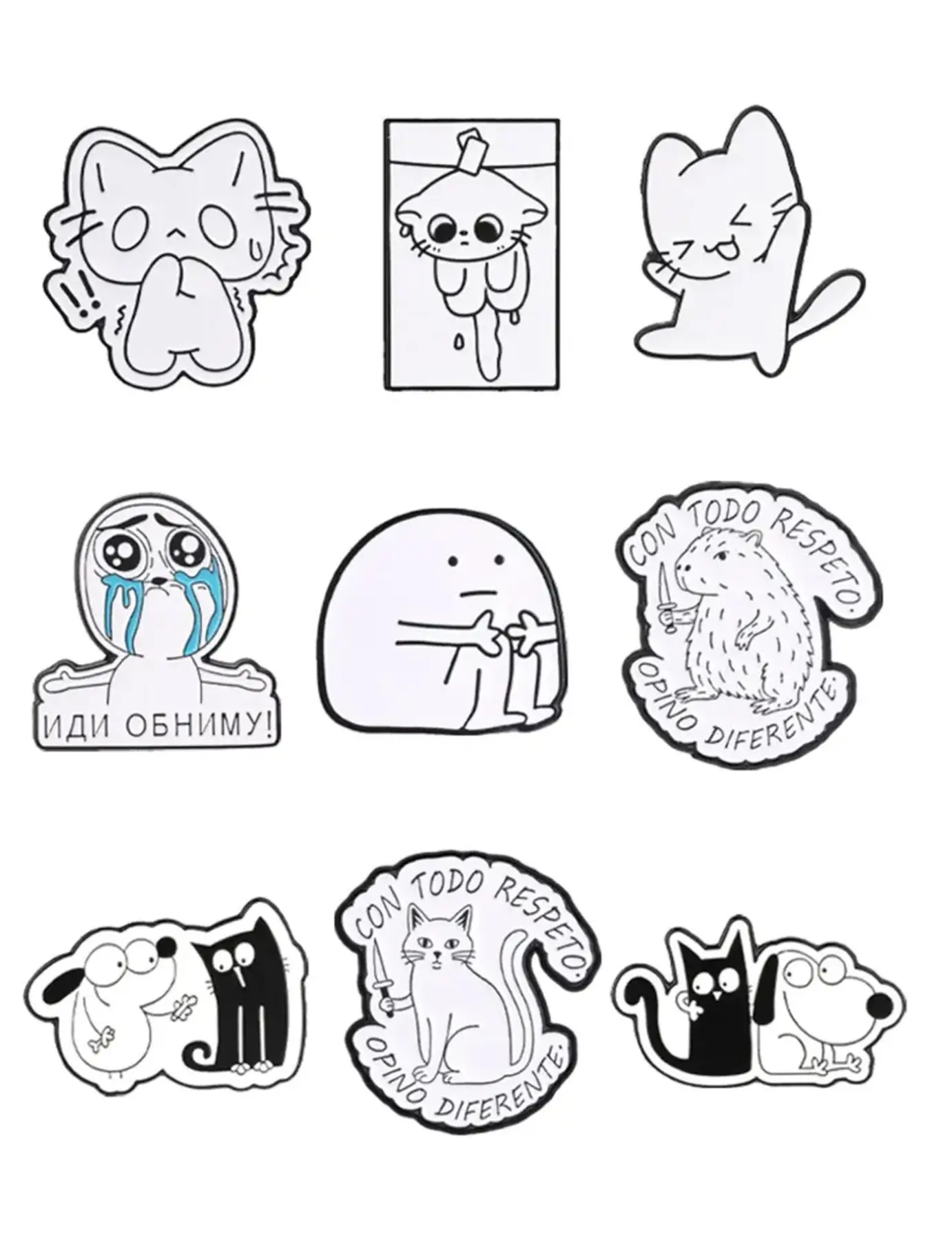 9pcs Minimal Line Art Enamel Pin, Funny Sad Cat, Crying Character, Capybara & Dog Cat Badge with Sarcastic Quotes, Fashion Accessory for Clothes and Backpacks Gift for Friends and Lovers