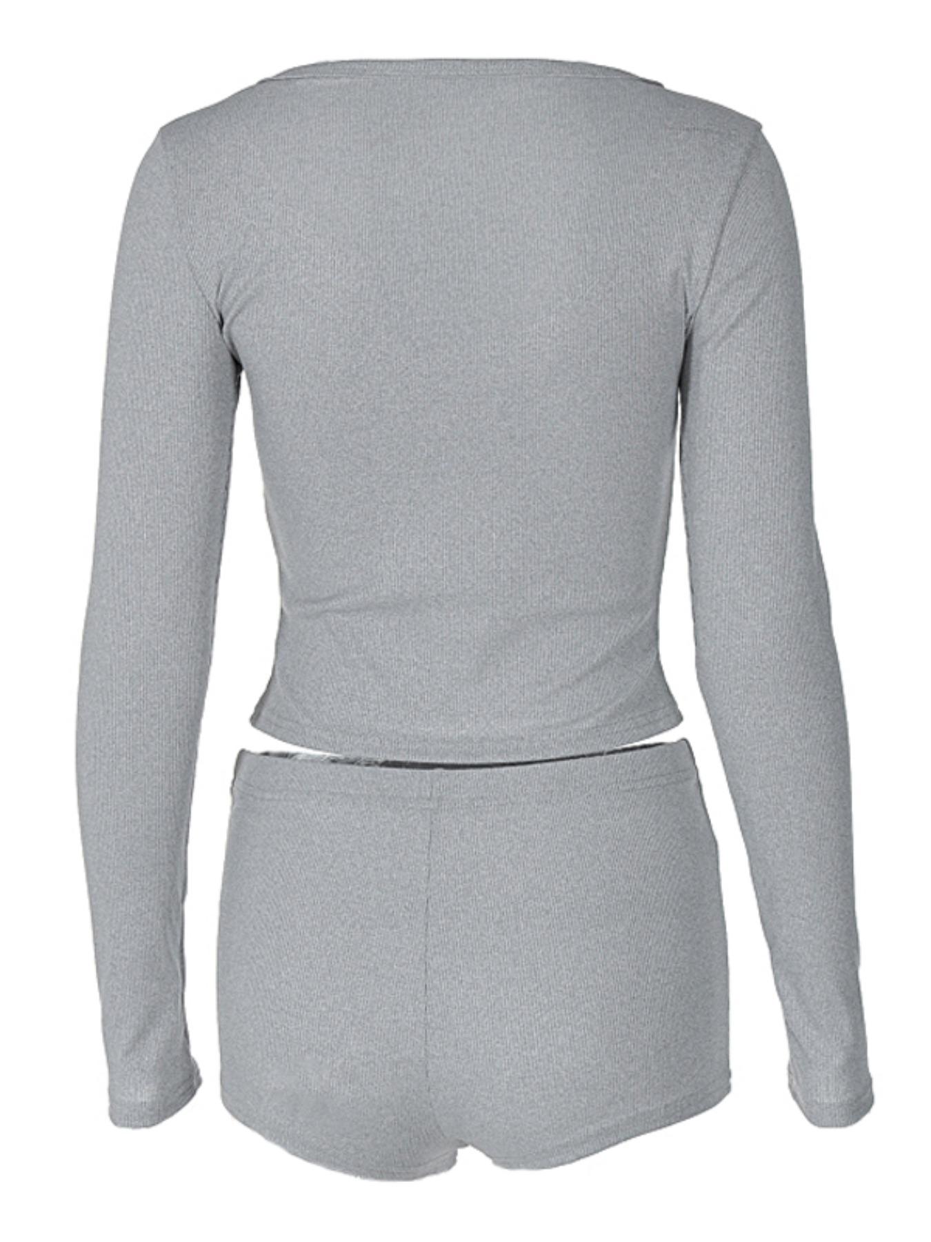 Two-Piece Set Women's Solid Long Sleeve Crop Top & High Waist Shorts Set, Button Front V Neck Top & Shorts Two-piece Set for Spring & Fall, Women's Two-piece Outfits