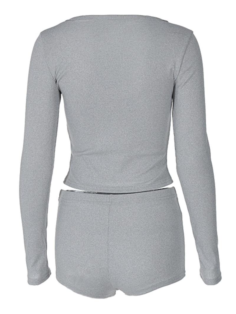 Two-Piece Set Women's Solid Long Sleeve Crop Top & High Waist Shorts Set, Button Front V Neck Top & Shorts Two-piece Set for Spring & Fall, Women's Two-piece Outfits