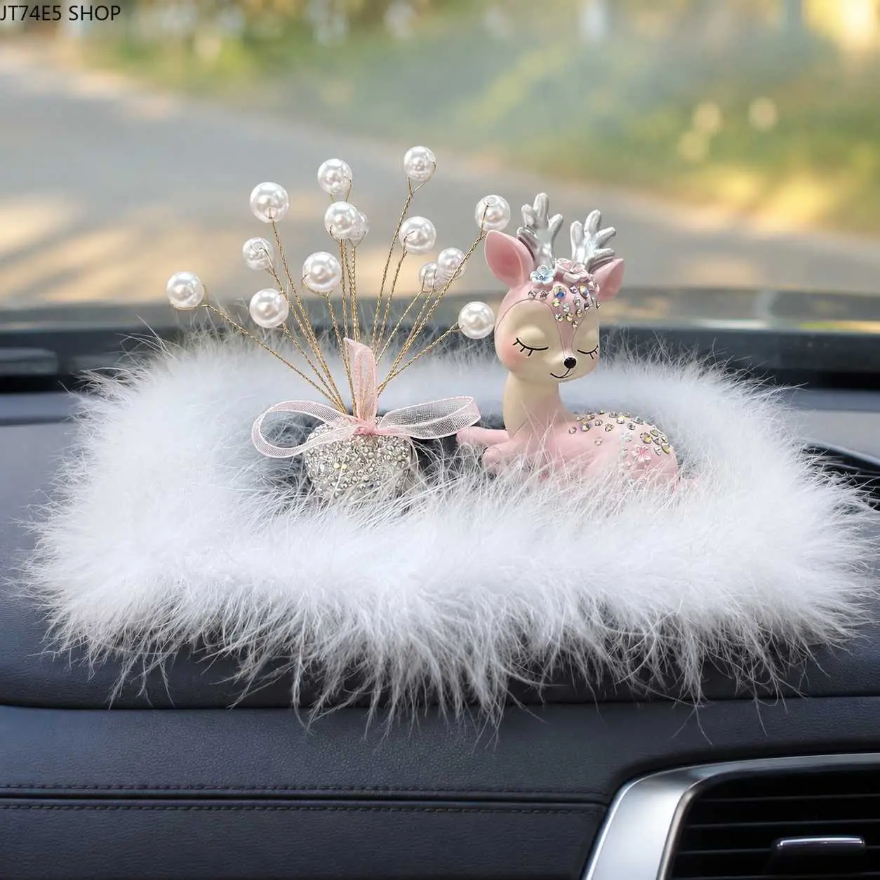Luxury Synthetic Fiber Deer Ornament - Cute Girly Car Console Decor, Fashion Auto Interior Accessory Gift