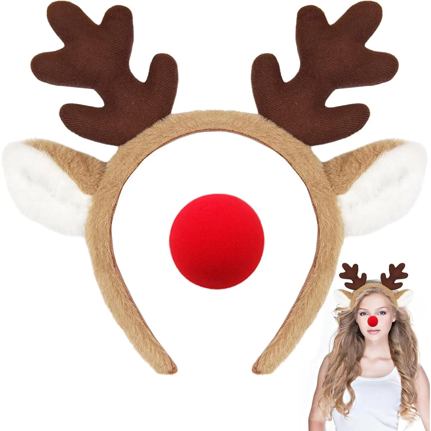 2 count Reindeer  Headband with Red Nose,  Headband,   Ears Hairband,Party  Costume Washing for Christmas Halloween
