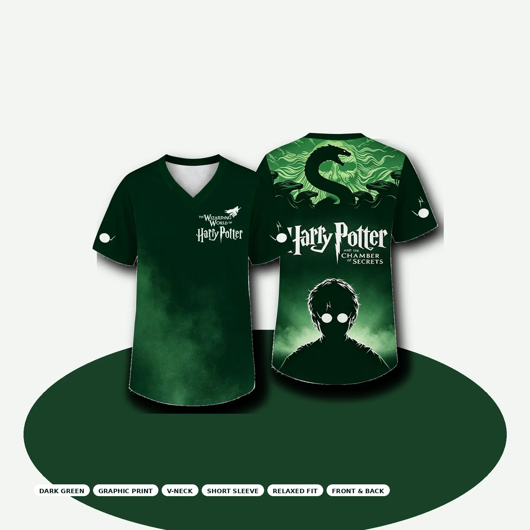 Harry Potter Chamber of Secrets Shirt, Green V-Neck Short Sleeve Graphic Tee, Front and Back Print, Wizarding World Fan Apparel