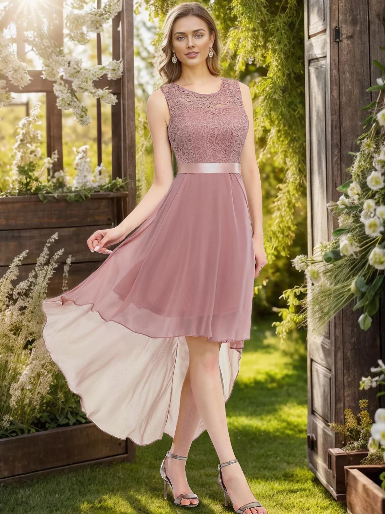 Women's 2024 Trendy Lace Tie Back High Low Bridesmaid Dress, Quince Dress, Summer Clothes Women, Solid Color Prom Dress for Party, Birthday Dress, Fall Outfit
