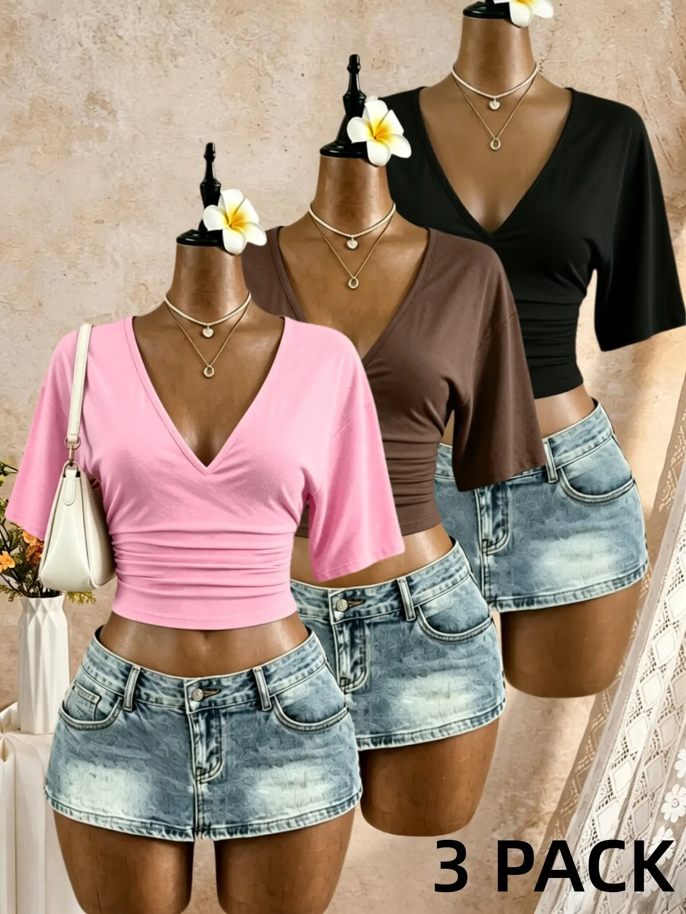 Three-Piece Solid Color Ruched Short Top for Women, Deep V-Neck Half-Sleeve Slim Fit Casual Basic T-Shirt, Comfortable and Stylish, Casual Wear Clothing