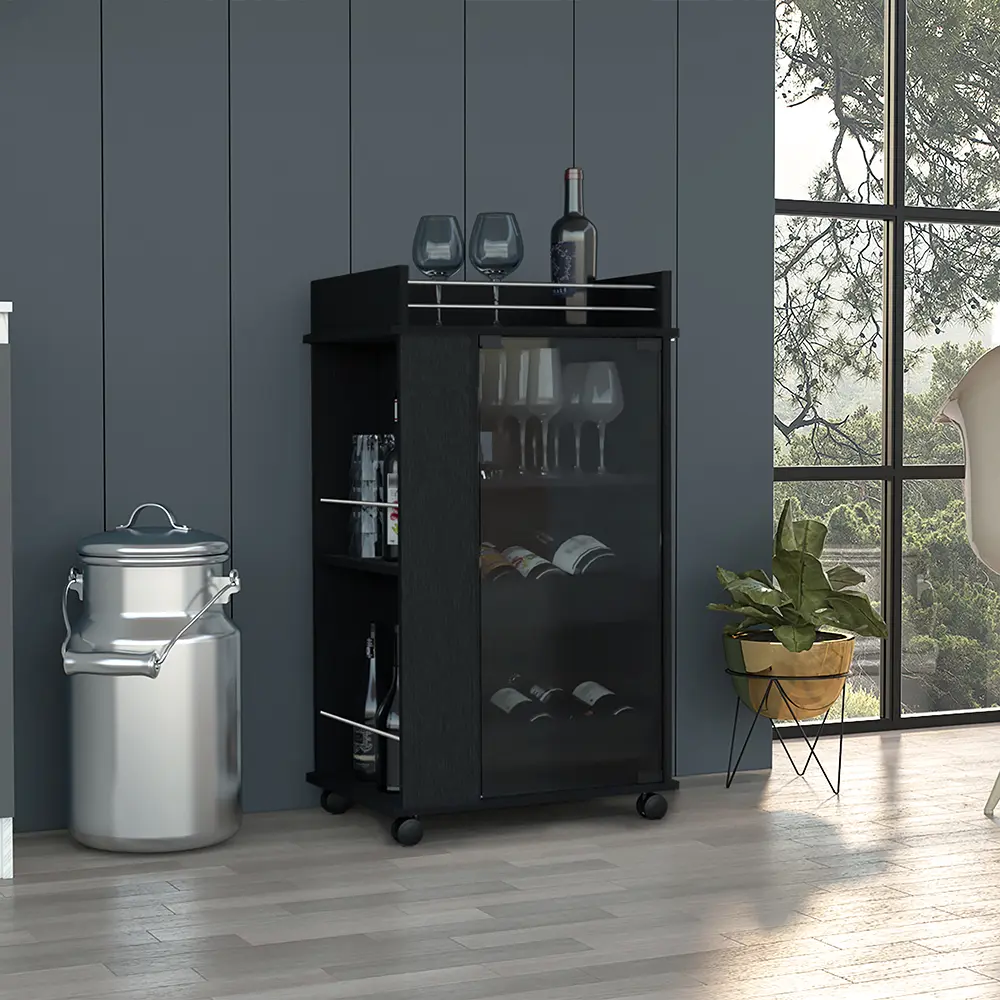 Modern Black ARCH Rolling Cart with Castor Wheels, Mobile Base, Glass Door Storage, 3 Shelves, Engineered Wood Construction, 21.7" W x 16.3" D x 39" H for Living Room, Home Bar