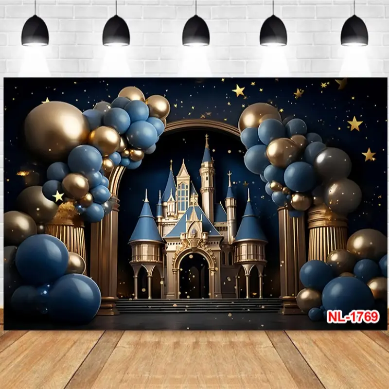 Photography Background Fairy Tale Castle Blue & Gold Balloon Starry Sky Golden Column Wdding Birthday Party Decor Backdrop Photo Studio