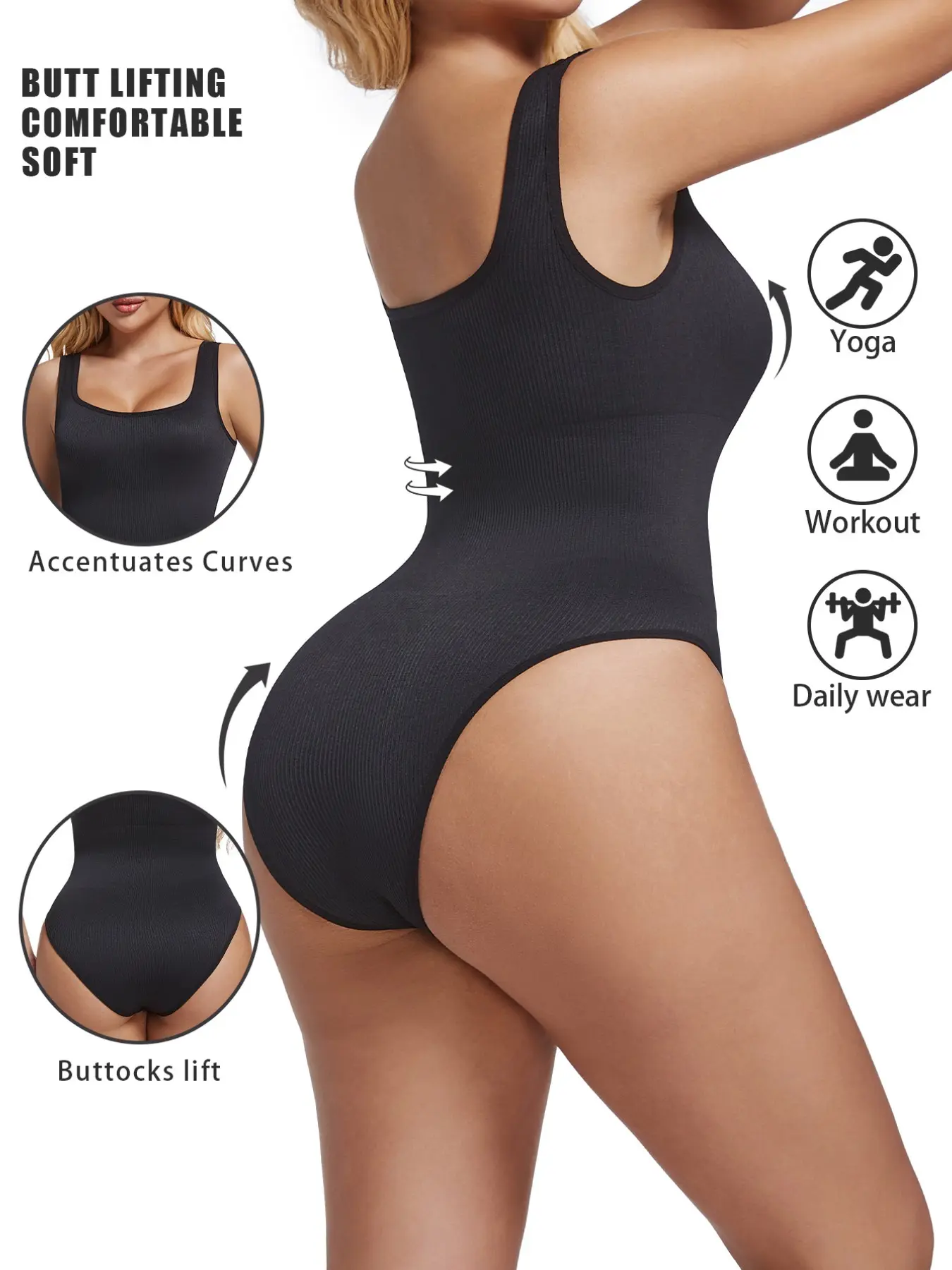 Square Neck Wide Strap Soft Seamless Ribbed Ruched Thigh High Romper, Ideal for Yoga, Fitness, Daily Wear, Comfortable & Stylish