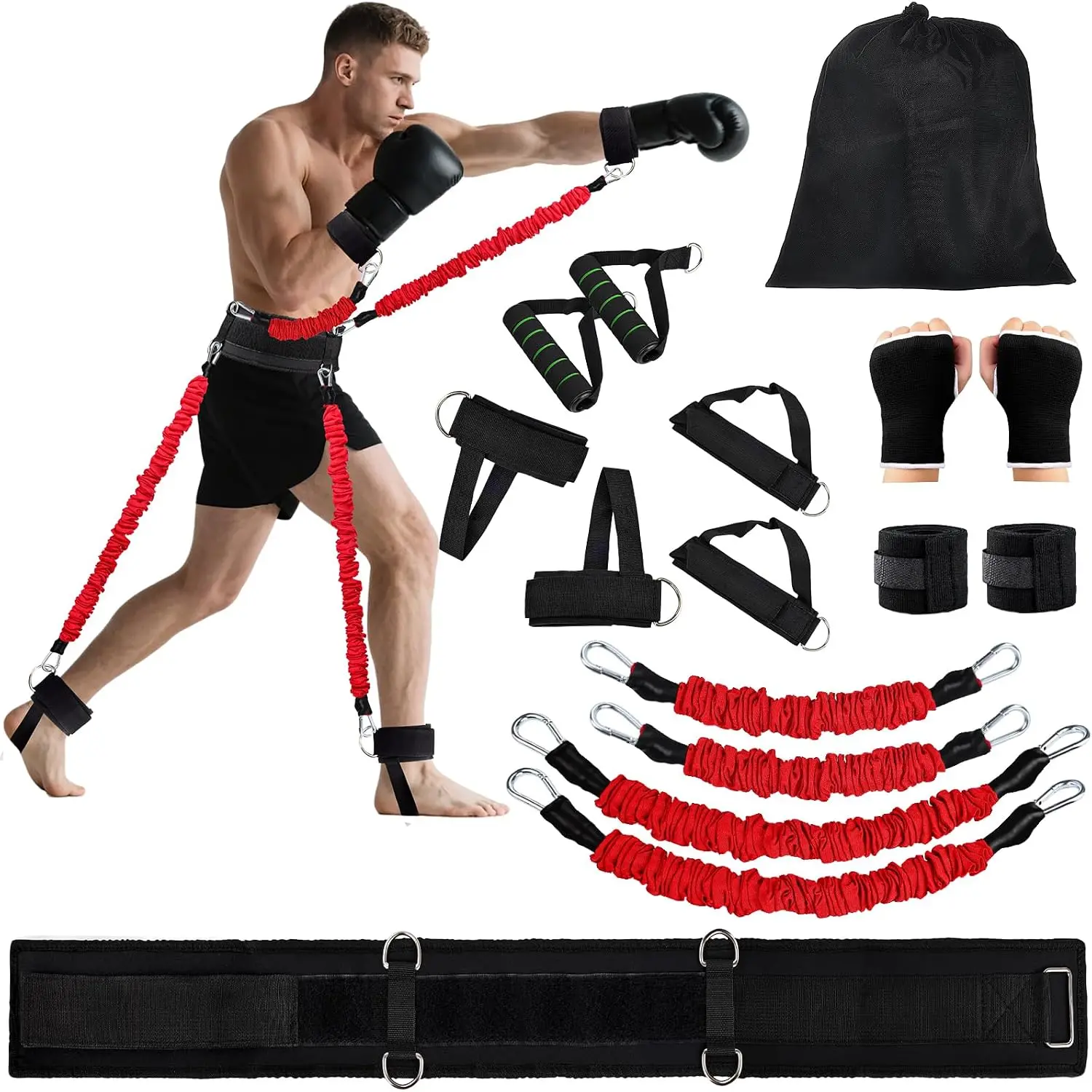 Boxing Resistance Bands Set for Boxing MMA Martial Arts  Equipment, 150lbs Exercise Bands with Cuffs & Belt, Workout Band for Resistance   Explosive Power/Speed/Agility