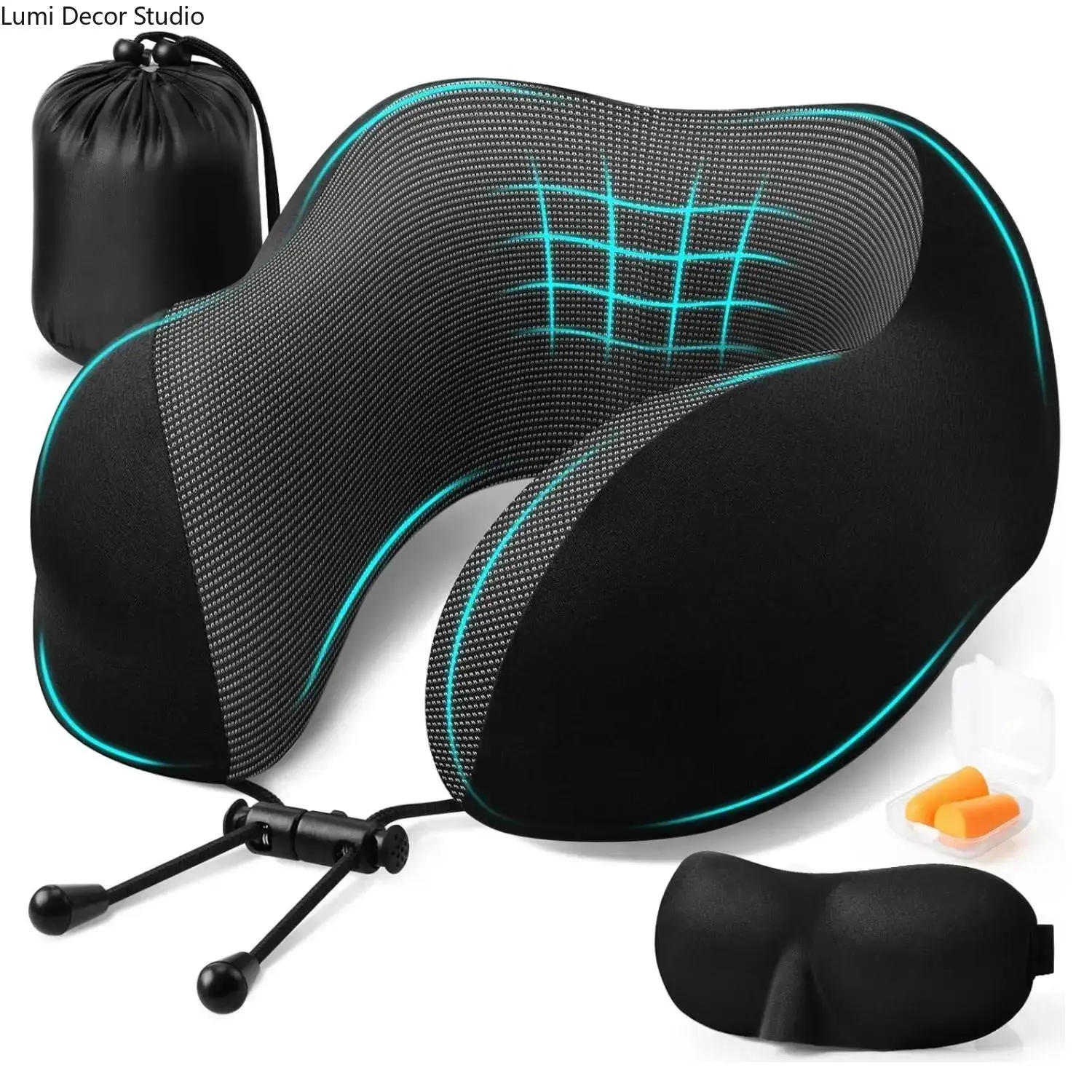 Breathable Memory Foam Travel Neck Pillow Set with Eye Mask, Earplugs & Storage Bag - Portable Cushion for Supportive Rest, Travel Must Haves for Airplanes & Cars, Adjustable, Ergonomic, Female, 4‑Pieces