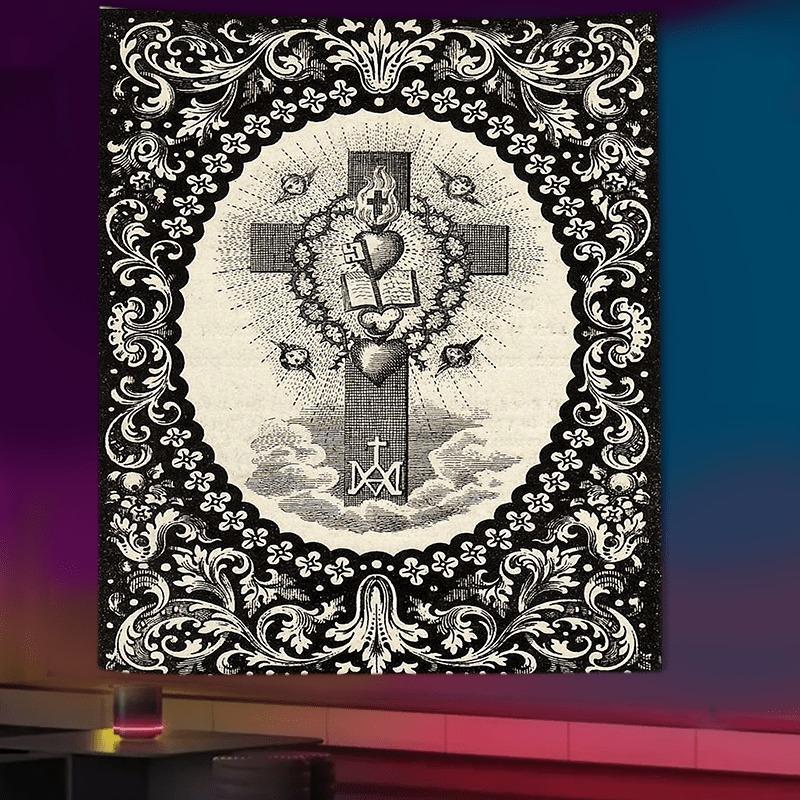 Sacred Heart Cross Pattern Durable Decorative Tapestry, Gothic Design Wall Hanging, Wall Decor for Home Living Room Bedroom Dorm, Home Decor