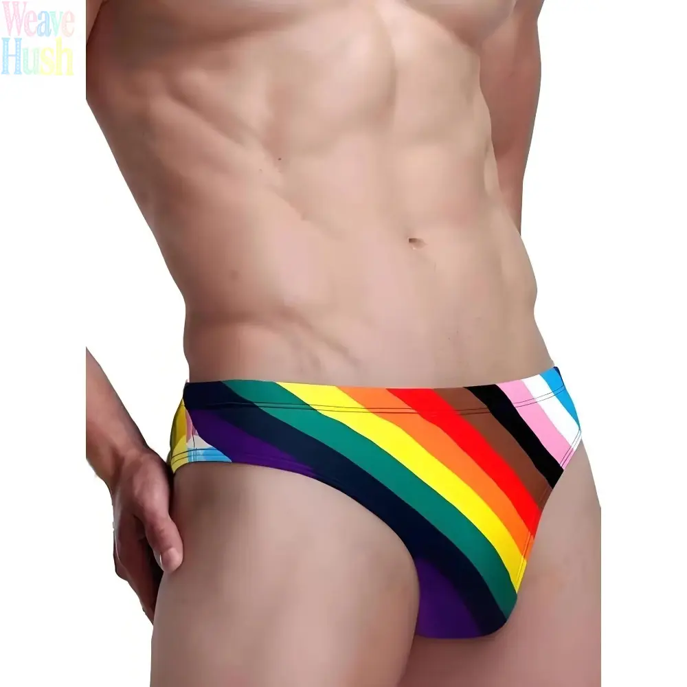 Men's Rainbow Stripe Swim Briefs - Tight-Fit Elastic Stretch, Quick-Dry Nylon Blend, Drawstring Waist Swimwear for Beach Pool, Water Sports, Male Swimwear