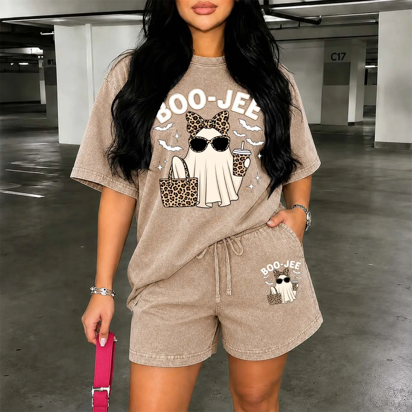 Women's Washed Cotton Shorts Two-Piece Set: A Uniquely Styled Halloween Ghost-Themed Party Outfit. Featuring "Boo-Jee Ghost Patterns, And Pumpkin Designs. Also Suitable As Casual Summer Loungewear.