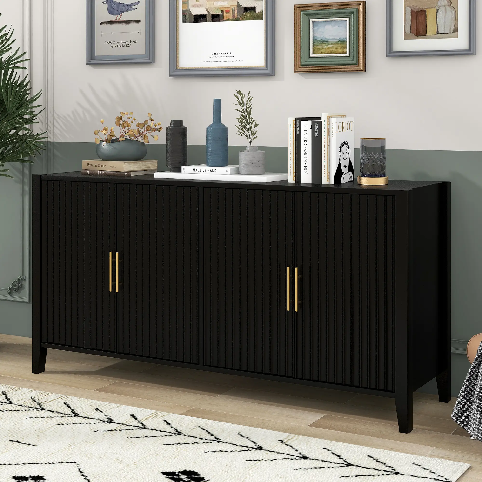 ARCH 61.1in Modern Large Capacity Sideboard Storage Cabinet - 4 Wavy Slats Doors, Solid Wood Legs, Metal Handles, MDF+Pine Build, Wooden Base, Black, for Dining Room, Living Room, Kitchen Entryway, Buffet Server