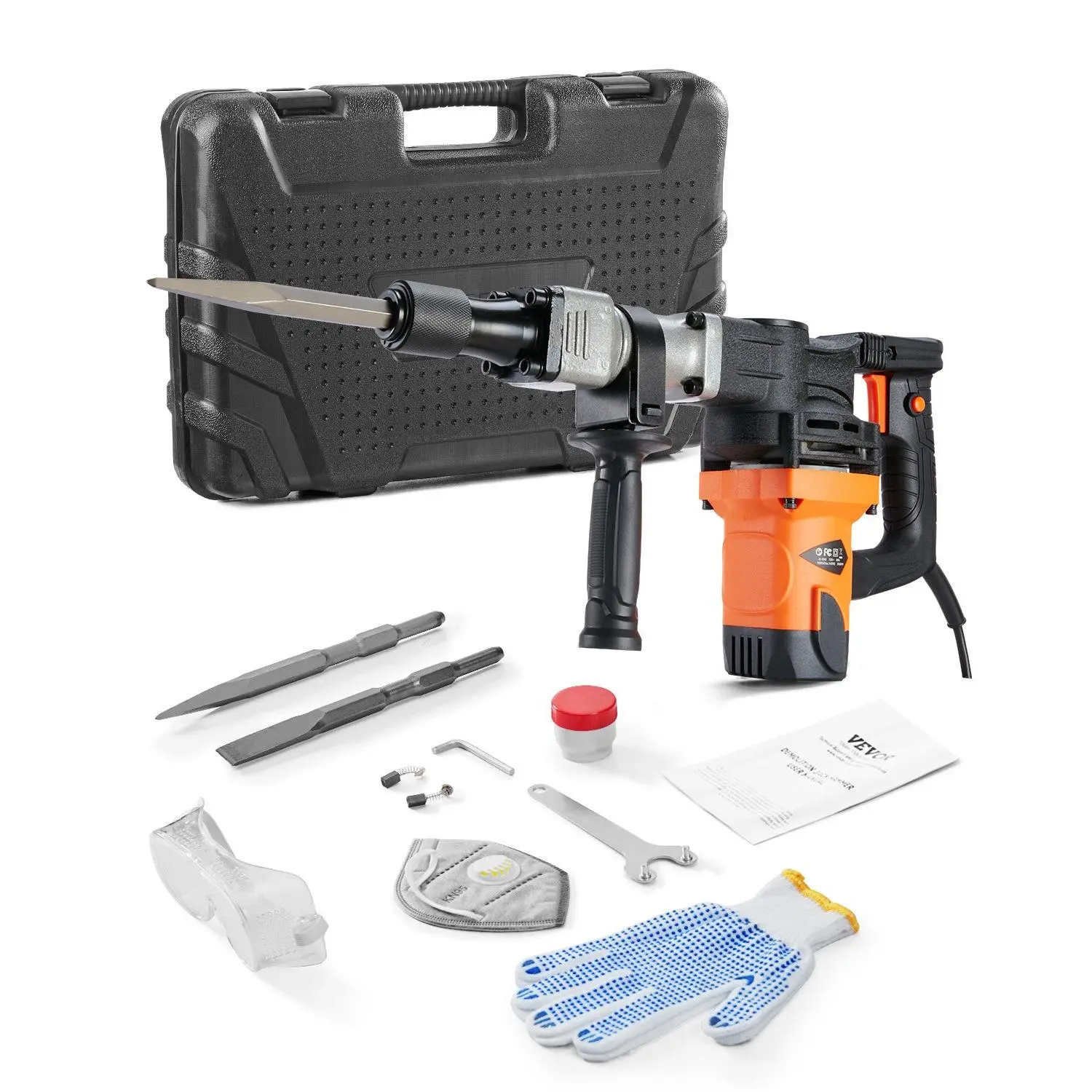VEVOR 1400W Electric Demolition Jack Hammer - Heavy Duty 2900 BPM Concrete Breaker with 2 Chisel Bits, Case, Gloves, 5/8"-Hex Shank, Comfortable Grip, Continuous Work for Home Decoration