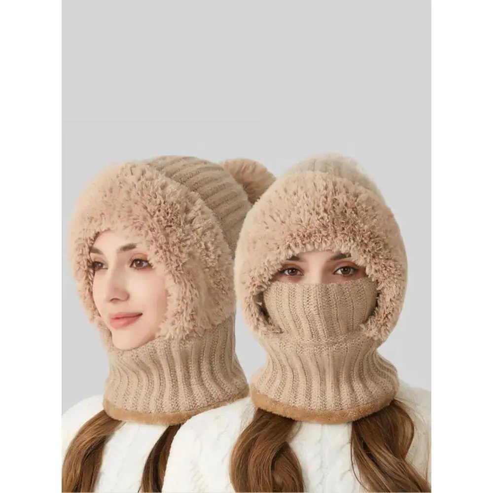 Women's Solid Color Thick Yarn Animal Beanie - Pom Pom Decor, Bunny Head Hat, Cute Furry Keep Warm Fall Winter Fashion Accessory, Animal Hats, Bunny Head Hats