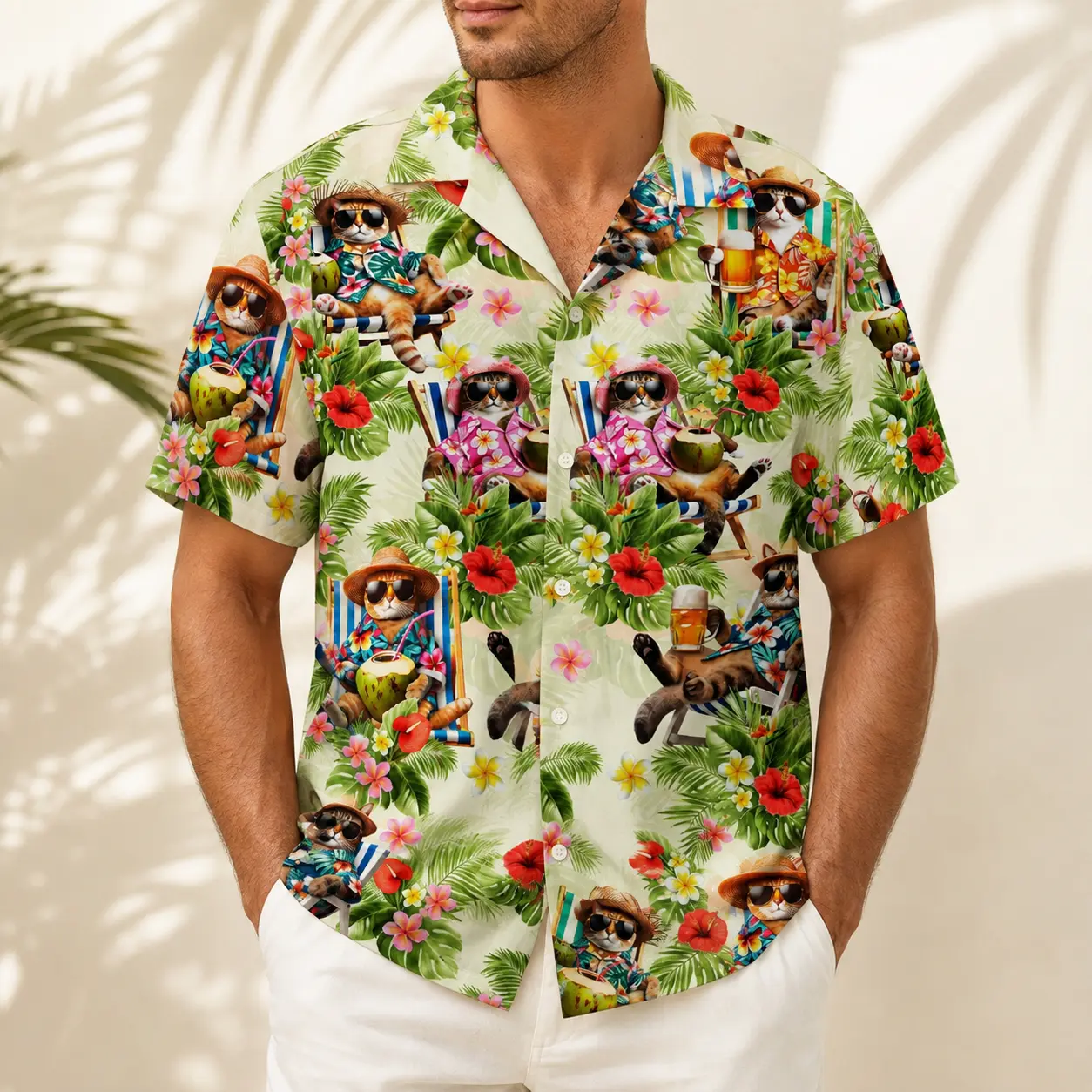 Men's Tropical Vacation Beach Cat Hawaiian Shirt, Funny Sunglasses Cat Coconut Beer Palm Flower All Over Print Short Sleeve Button Down Casual Summer Holiday Shirt