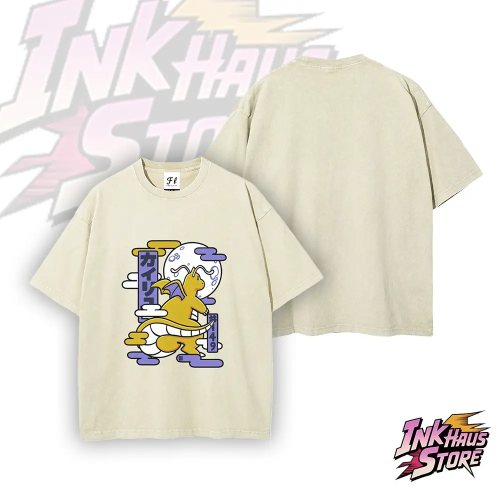 Inkhausstore-Inkvaultarchive Retro Ukiyo-e Yellow Dragon Print Washed Black Oversized Streetwear T-shirt